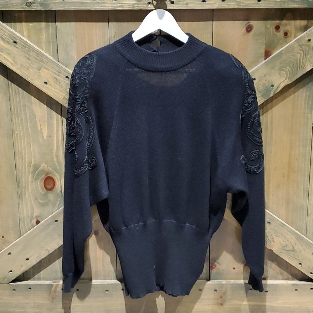 VINTAGE Y2K CHRISTOPHER SHANNON BLACK KNIT SWEATER W SHOULDER PADS APPLIQUES